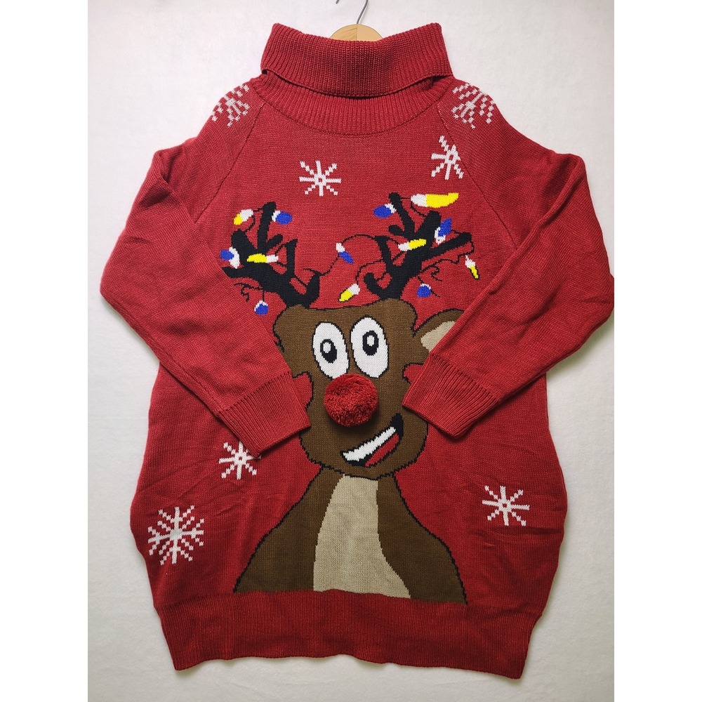 LG Reindeer Christmas Ugly Sweater Tunic Holiday Festive Red Turtleneck Party